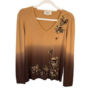 NESS V-Neck Sweater - Brown Floral Embroidered Design Size L Boho Cottagecore